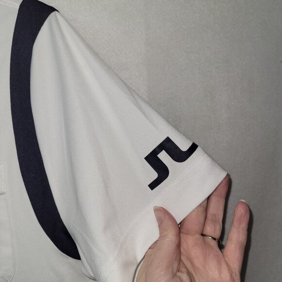 J Linderberg Dolph TX Golf Polo Shirt Men L Black White Slim Logo Performance - Picture 3 of 11